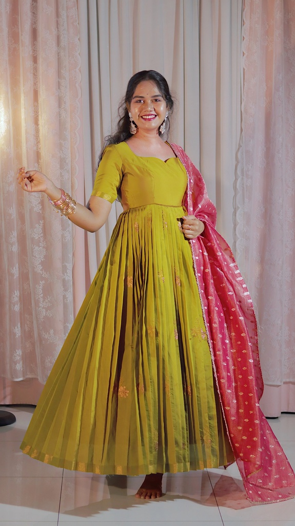 DP-D-008 – Two-Piece Anarkali Dress with Yellow & Pink Dupatta
