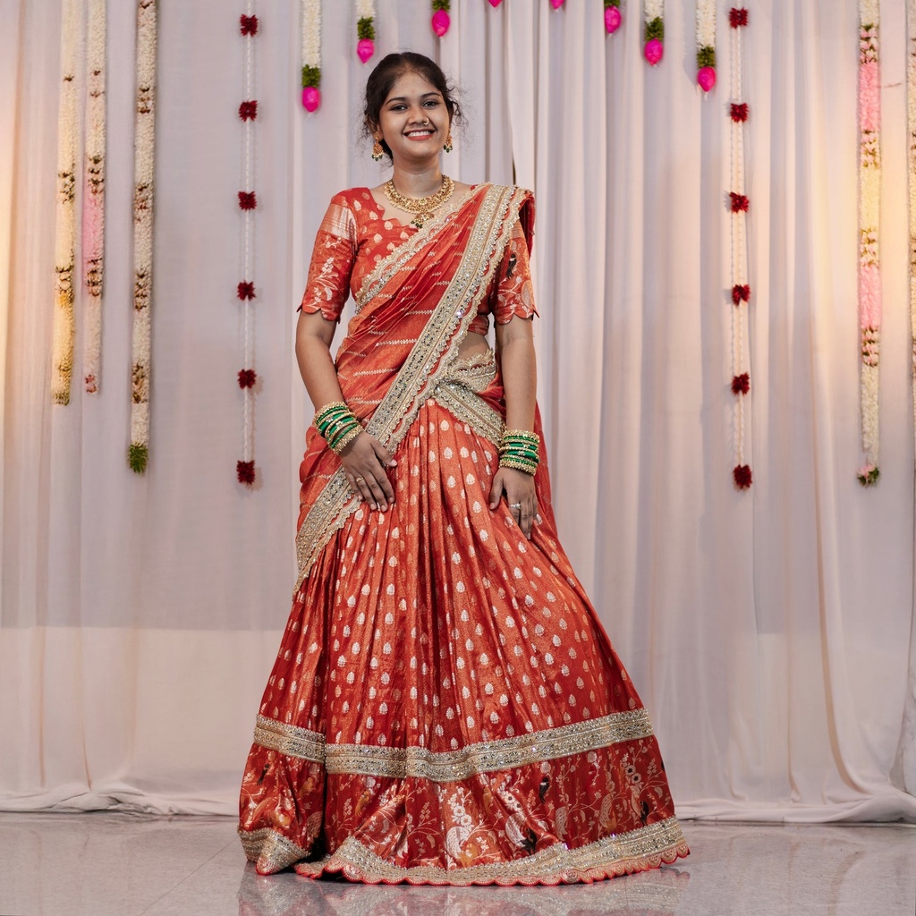 Regal Orange Pythoni Half Saree â€“ Fully Customised with Blouse & Dupatta | Made-to-Order