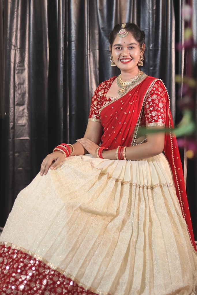 Cream & Red Half Saree with Velvet Blouse, Chikankari Work Skirt & Georgette Dupatta â€“ Custom Made